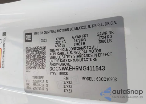 2021 Chevrolet Silverado 1500 2Wd Long Bed Wt z USA, uszkodzony, nr VIN 3GCNWAEH6MG411543